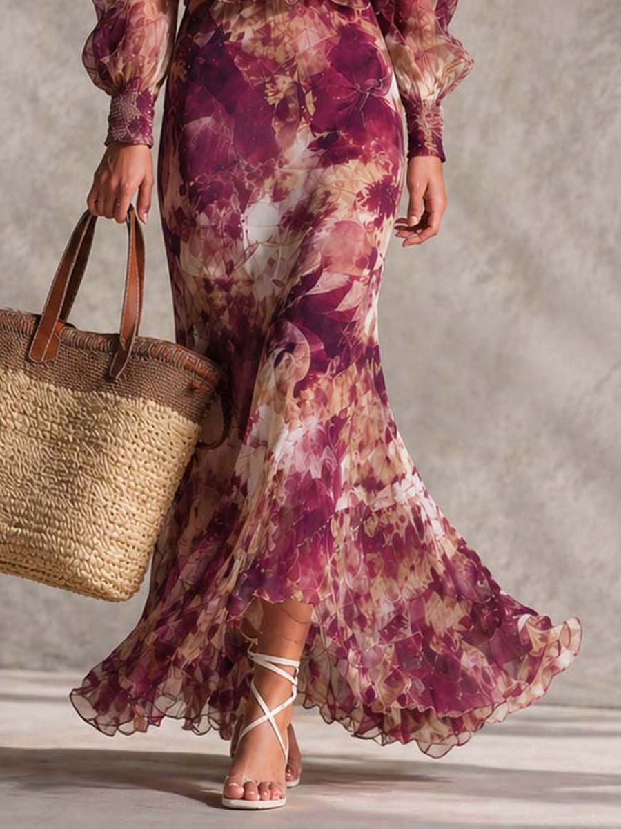 Vestido largo rosa con estampado floral y hombros al aire, de muselina