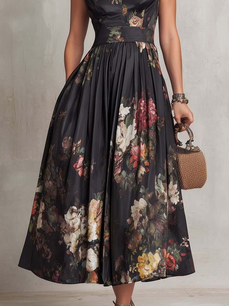 Vestido midi negro de satén con escote en forma de llave, estampado floral y plisado