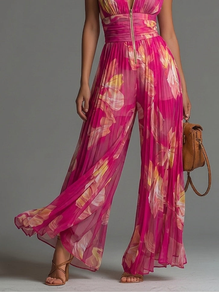 Mono fucsia con estampado floral, de muselina, sin mangas, con perneras anchas y plisado