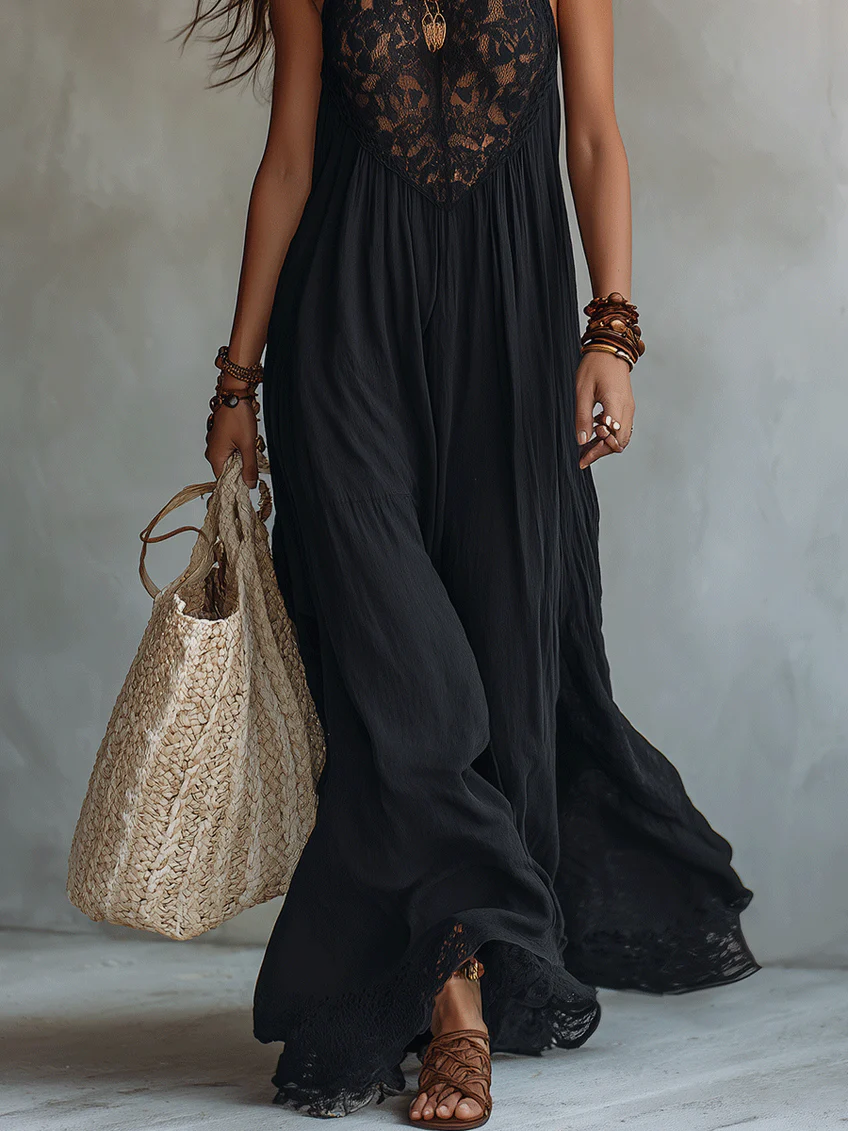 Vestido largo negro de estilo boho sin mangas con ribete de encaje