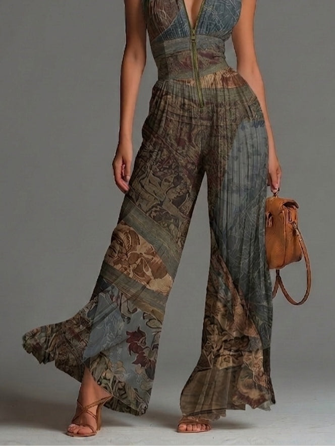 Mono boho con estampado étnico, sin mangas, de muselina, con perneras anchas y plisado