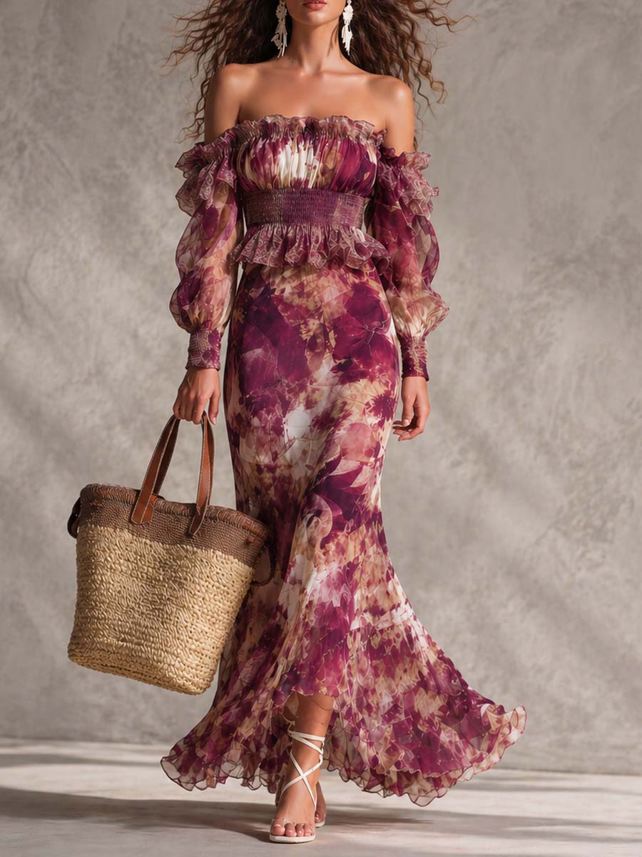 Vestido largo rosa con estampado floral y hombros al aire, de muselina