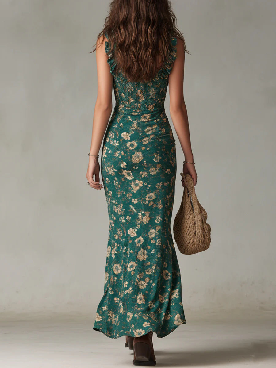 Vestido largo verde de estilo bohemio estampado con mangas con volantes
