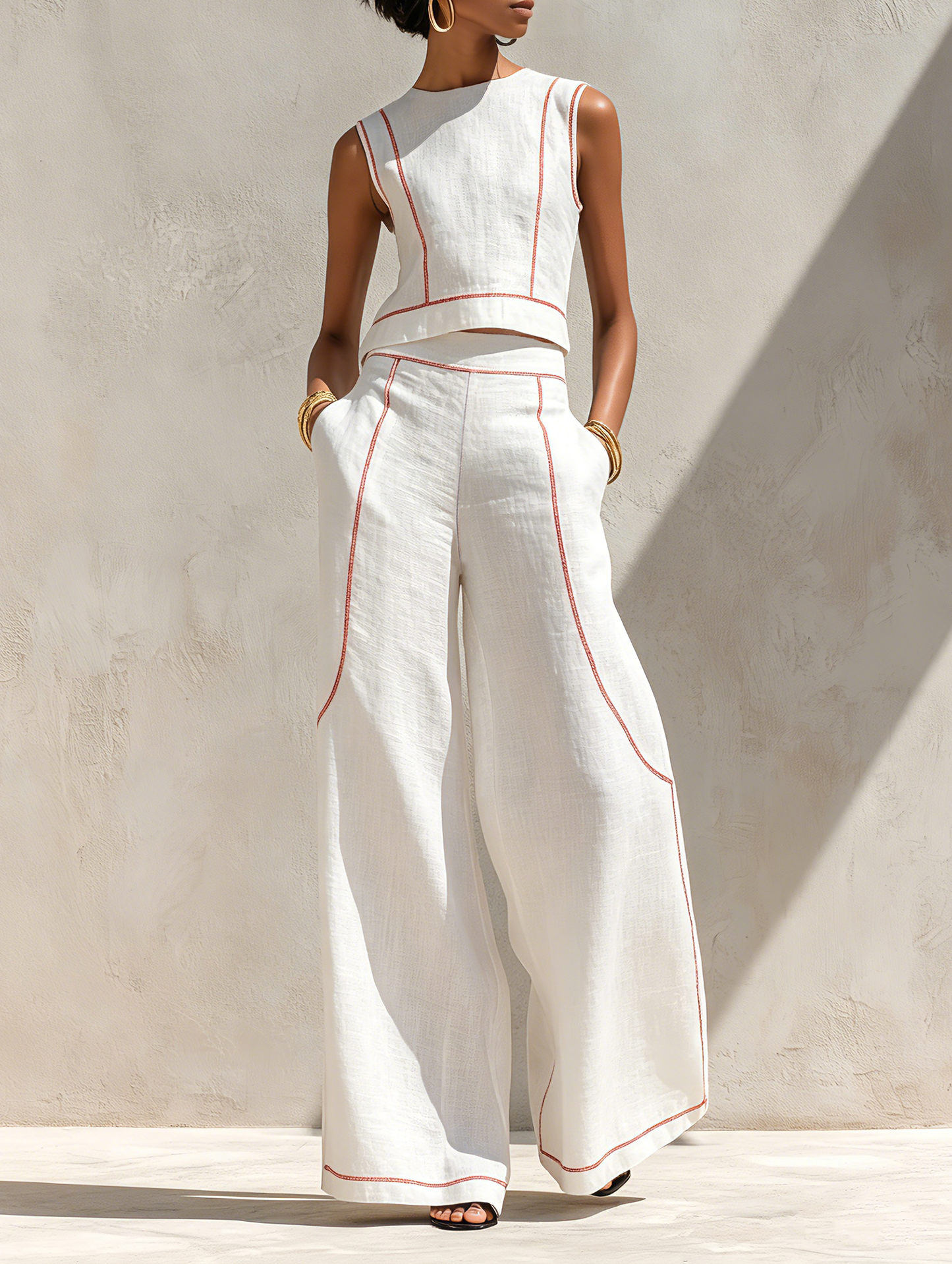 Conjunto de pantalones de mezcla de lino con costuras en contraste