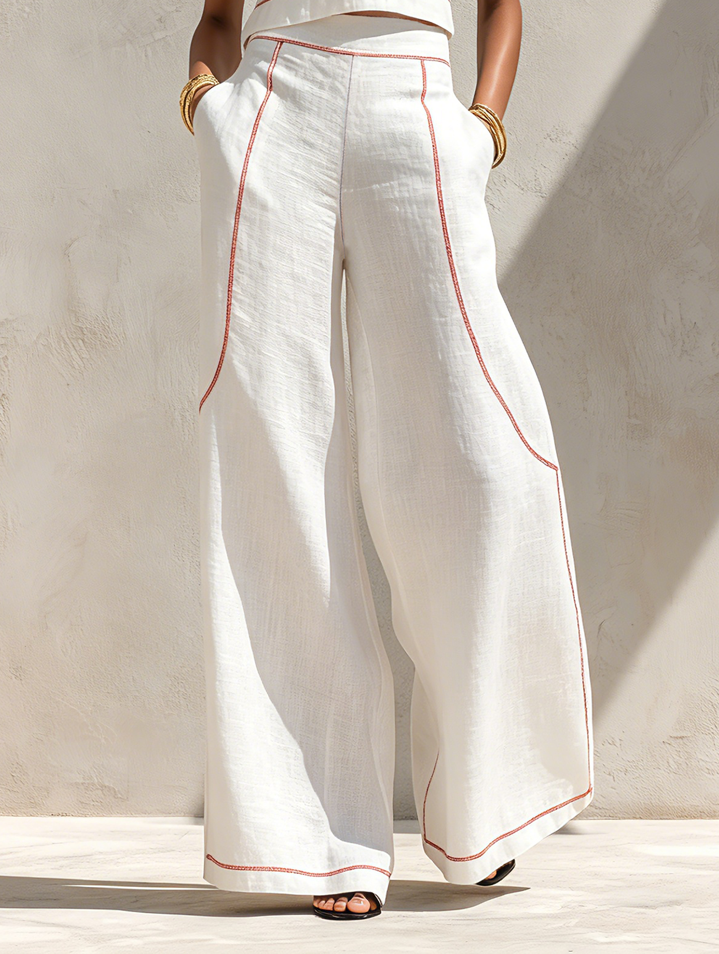Conjunto de pantalones de mezcla de lino con costuras en contraste