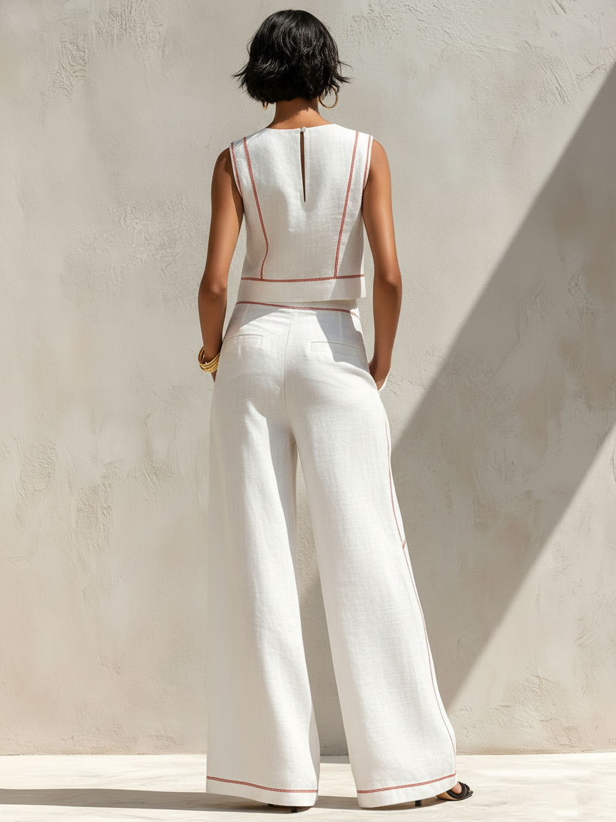 Conjunto de pantalones de mezcla de lino con costuras en contraste