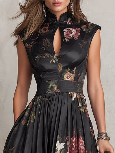 Vestido midi negro de satén con escote en forma de llave, estampado floral y plisado