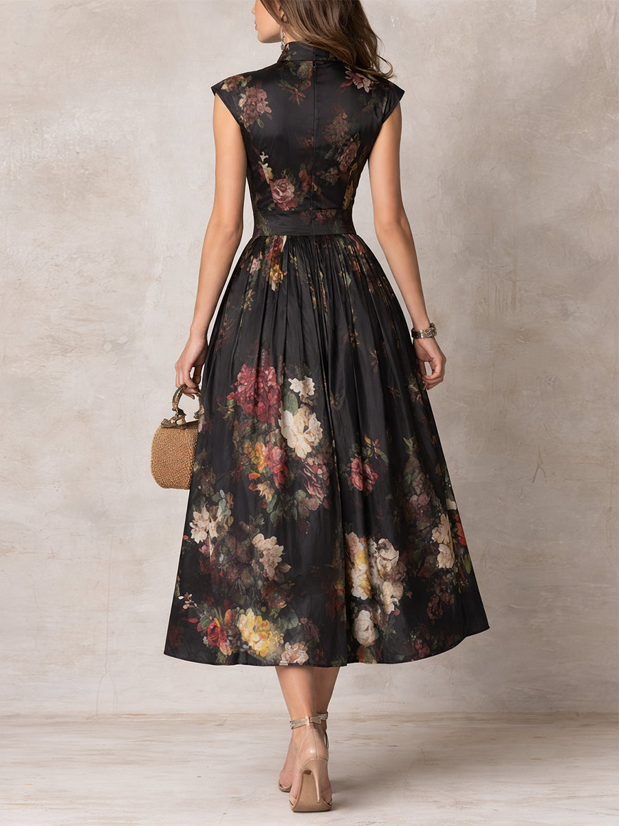 Vestido midi negro de satén con escote en forma de llave, estampado floral y plisado