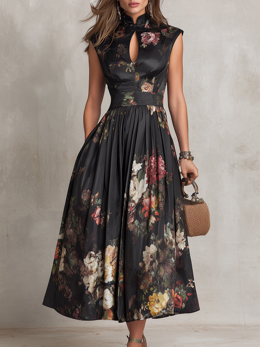 Vestido midi negro de satén con escote en forma de llave, estampado floral y plisado
