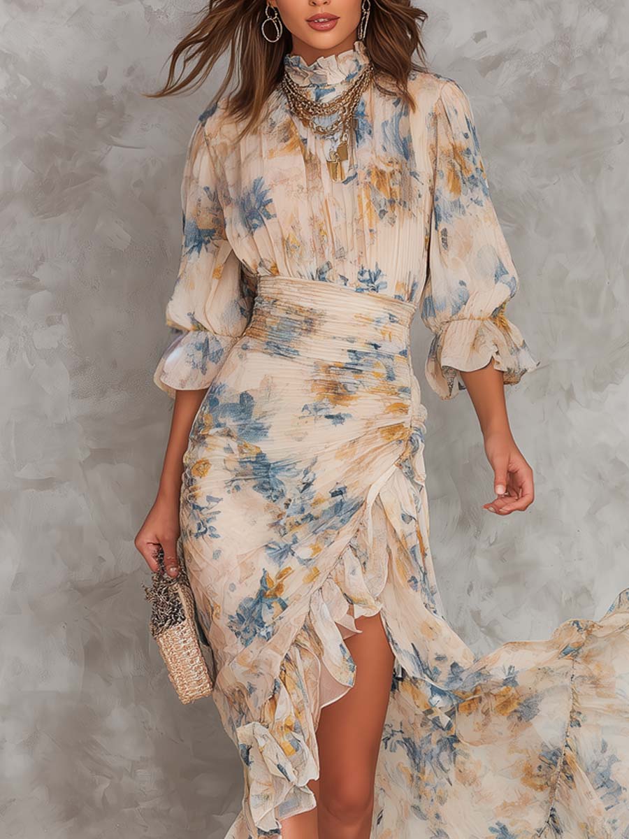 Vestido largo beige con cuello vuelto, estampado floral y efecto pintura al óleo irregular