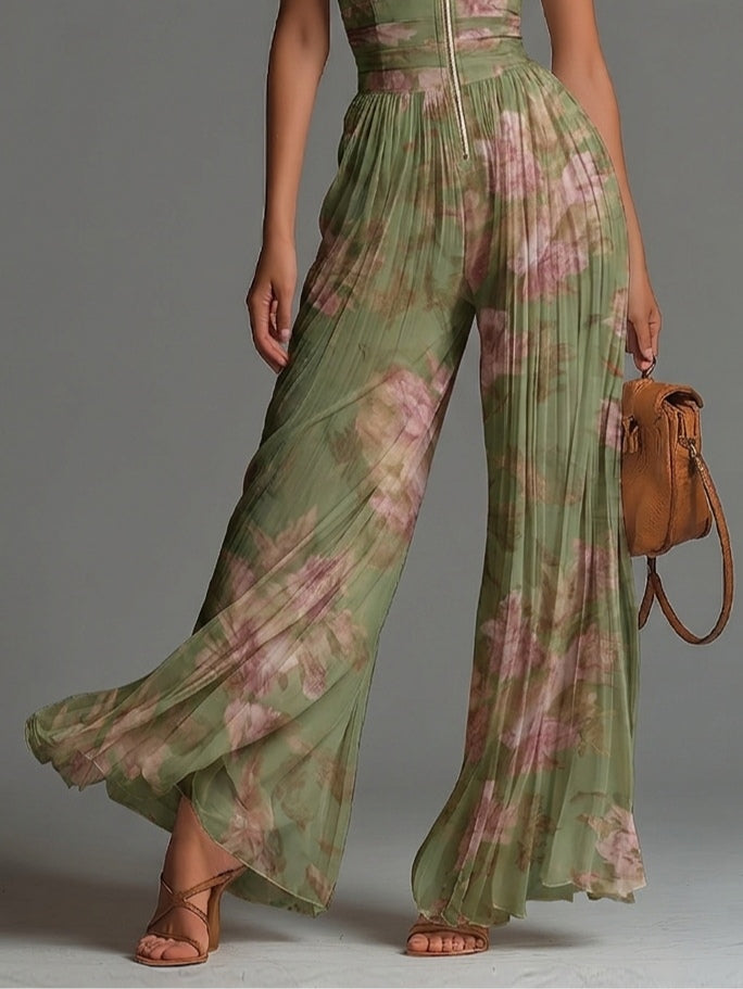 Mono verde con estampado floral de muselina, cuello en V, sin mangas, perneras anchas y plisado