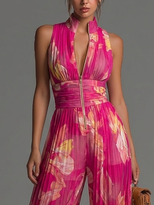 Mono fucsia con estampado floral, de muselina, sin mangas, con perneras anchas y plisado