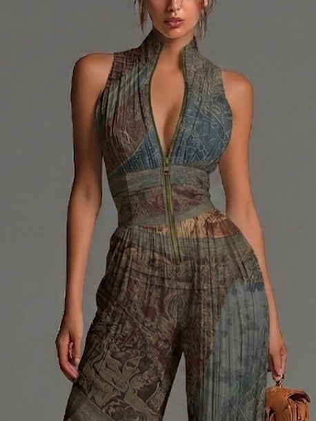 Mono boho con estampado étnico, sin mangas, de muselina, con perneras anchas y plisado