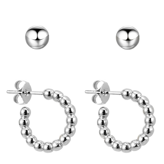 BonnyDots Creolen Silber Klein Set mit Kugel Ohrstecker