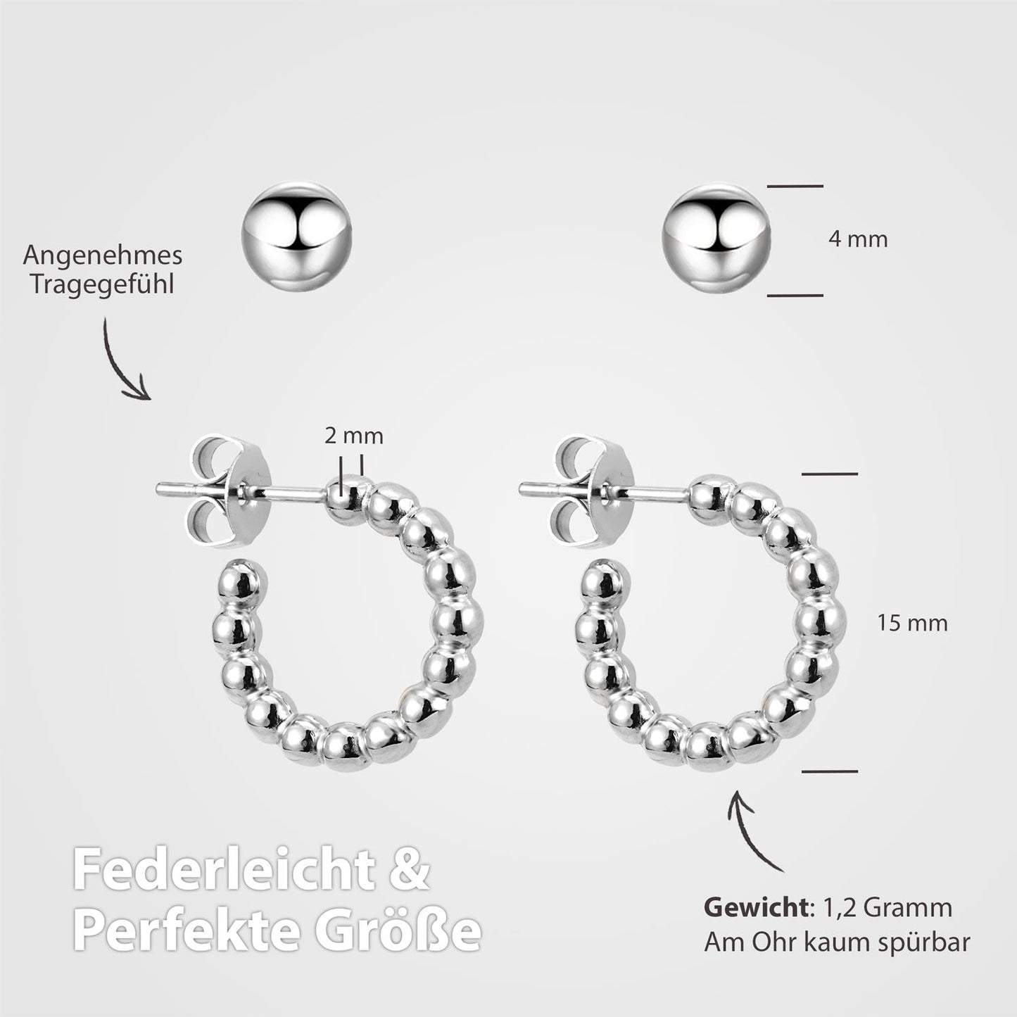 BonnyDots Creolen Silber Klein Set mit Kugel Ohrstecker